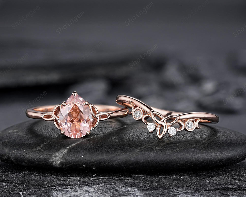 Celtic Knot Pear Shape Natural Peach Morganite Engagement Ring Set, Vintage Rose Gold Wedding Ring, Promise Ring Anniversary Gift for Woman - ShainJewelry