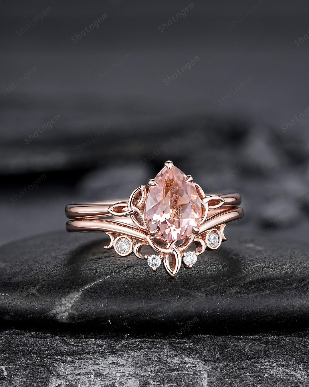 Celtic Knot Pear Shape Natural Peach Morganite Engagement Ring Set, Vintage Rose Gold Wedding Ring, Promise Ring Anniversary Gift for Woman - ShainJewelry