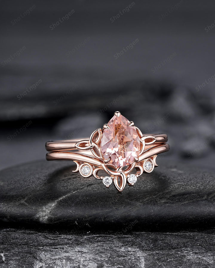 Celtic Knot Pear Shape Natural Peach Morganite Engagement Ring Set, Vintage Rose Gold Wedding Ring, Promise Ring Anniversary Gift for Woman - ShainJewelry