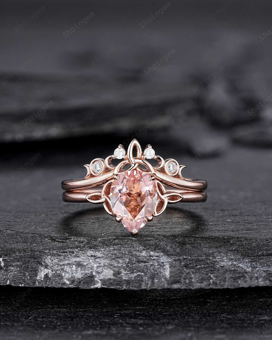 Celtic Knot Pear Shape Natural Peach Morganite Engagement Ring Set, Vintage Rose Gold Wedding Ring, Promise Ring Anniversary Gift for Woman - ShainJewelry