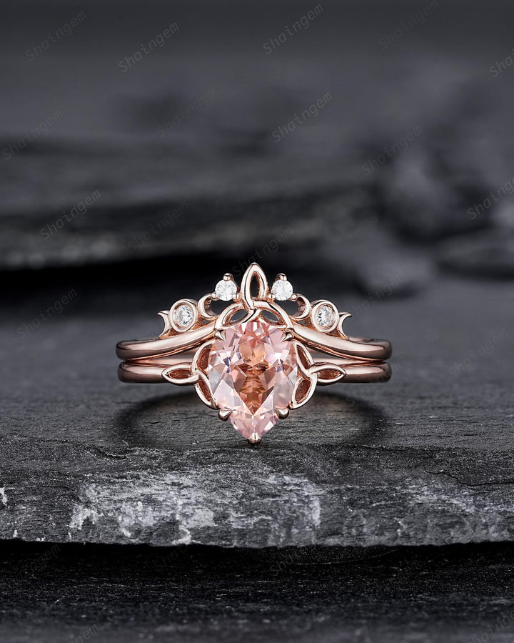 Celtic Knot Pear Shape Natural Peach Morganite Engagement Ring Set, Vintage Rose Gold Wedding Ring, Promise Ring Anniversary Gift for Woman - ShainJewelry