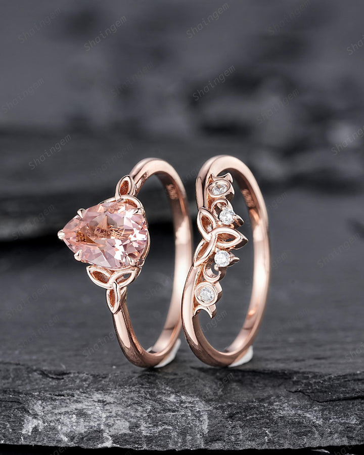 Celtic Knot Pear Shape Natural Peach Morganite Engagement Ring Set, Vintage Rose Gold Wedding Ring, Promise Ring Anniversary Gift for Woman - ShainJewelry