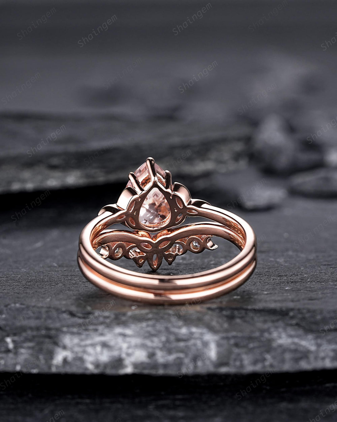 Celtic Knot Pear Shape Natural Peach Morganite Engagement Ring Set, Vintage Rose Gold Wedding Ring, Promise Ring Anniversary Gift for Woman - ShainJewelry