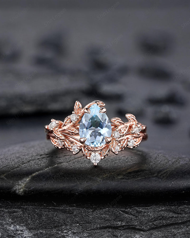 Nature Inspired Pear Shape Aquamarine Leaf Engagement Ring Rose Gold Vine Wedding Set, Twig Branch Promise Ring for Women, March Birthstone - ShainJewelry