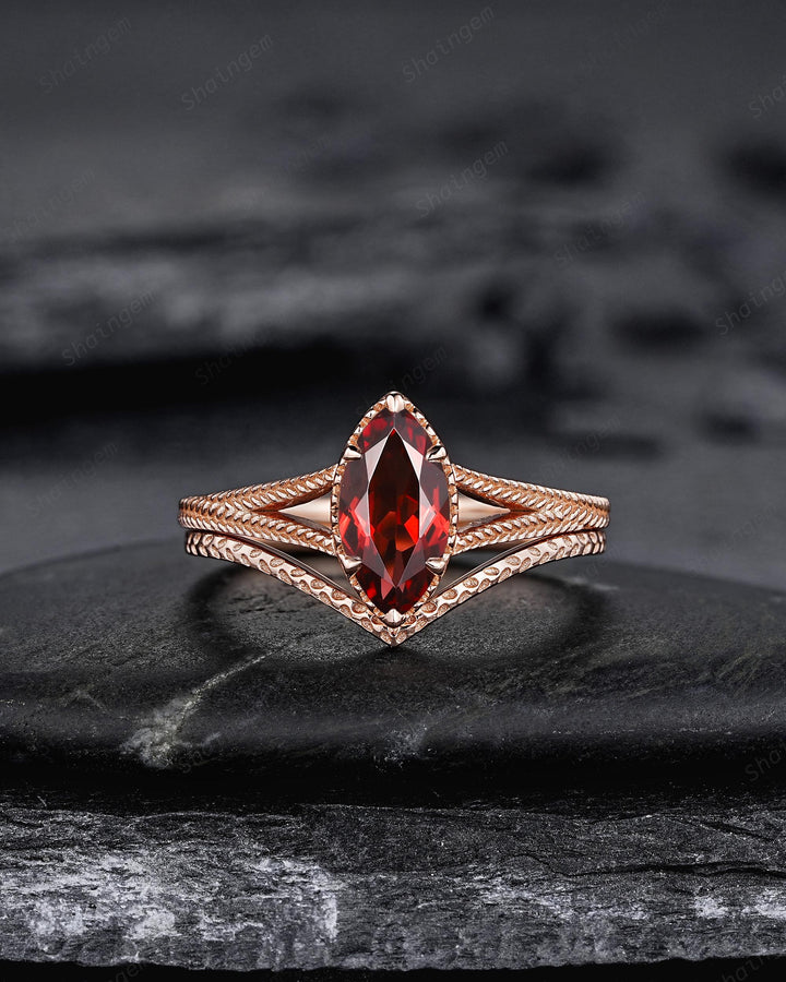 Spilt Shank Marquise Red Garnet Engagement Ring, Unique Curved Wedding Promise Ring, V Shape Milgrain Rose Gold Anniversary Ring for Woman - ShainJewelry