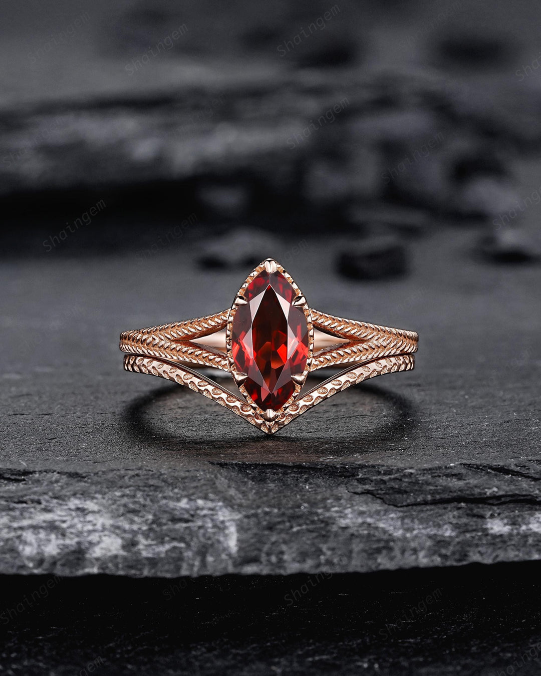 Spilt Shank Marquise Red Garnet Engagement Ring, Unique Curved Wedding Promise Ring, V Shape Milgrain Rose Gold Anniversary Ring for Woman - ShainJewelry