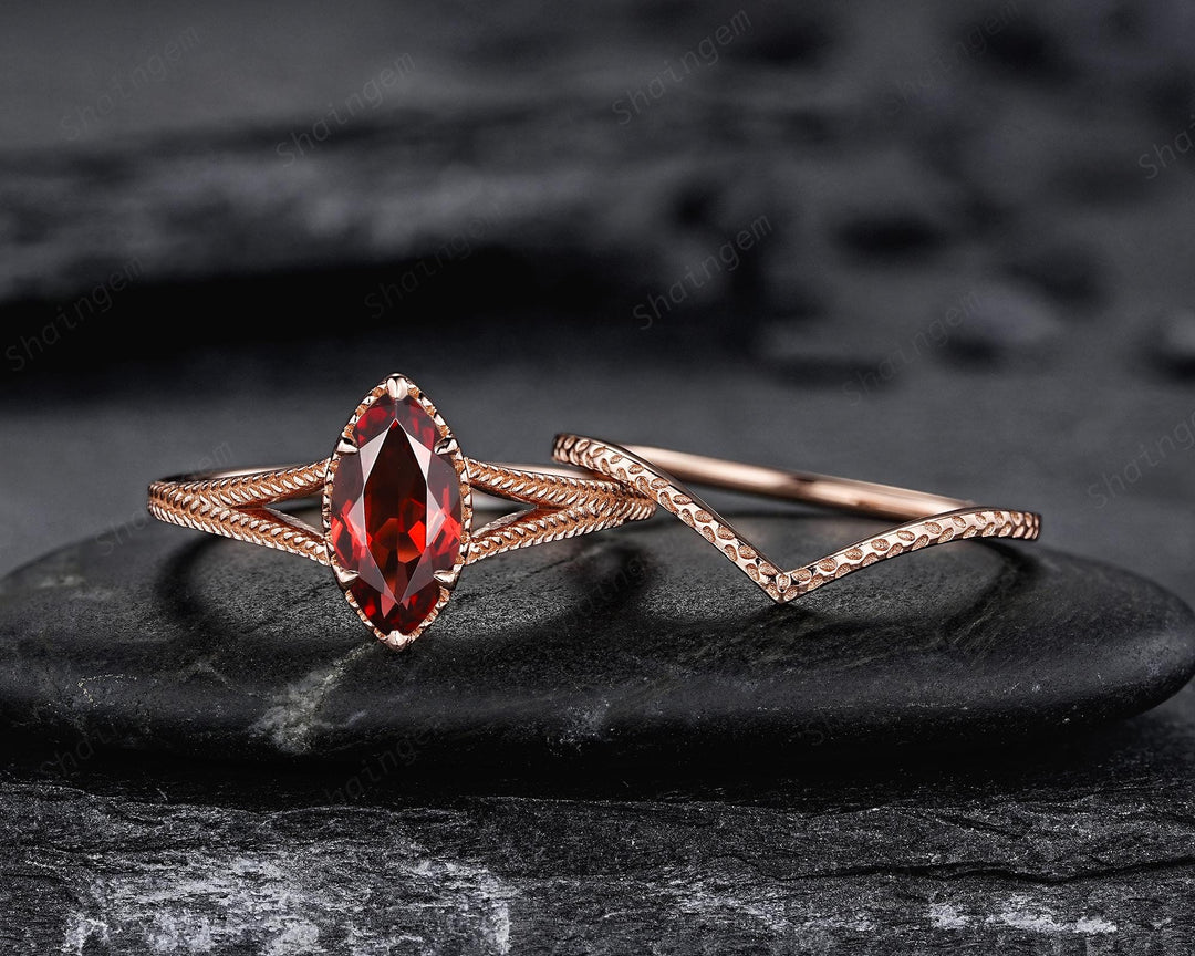 Spilt Shank Marquise Red Garnet Engagement Ring, Unique Curved Wedding Promise Ring, V Shape Milgrain Rose Gold Anniversary Ring for Woman - ShainJewelry