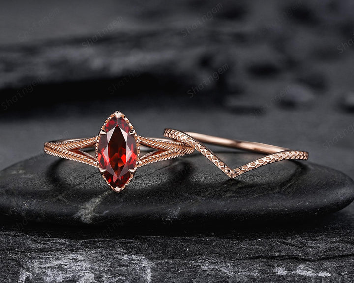 Spilt Shank Marquise Red Garnet Engagement Ring, Unique Curved Wedding Promise Ring, V Shape Milgrain Rose Gold Anniversary Ring for Woman - ShainJewelry