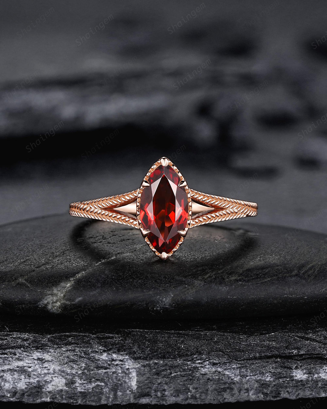 Spilt Shank Marquise Red Garnet Engagement Ring, Unique Curved Wedding Promise Ring, V Shape Milgrain Rose Gold Anniversary Ring for Woman - ShainJewelry