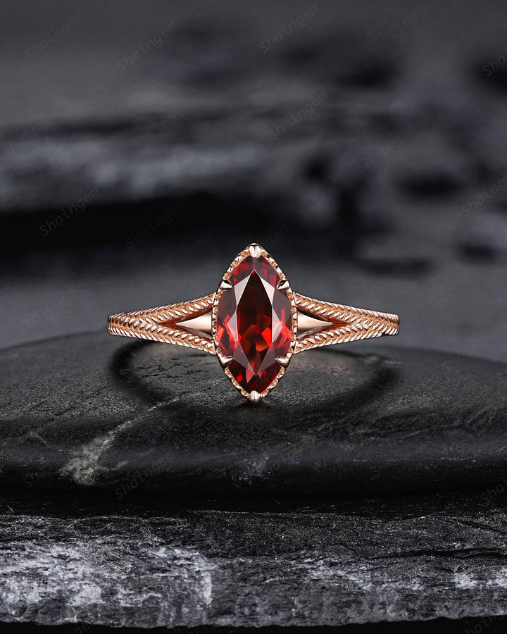 Spilt Shank Marquise Red Garnet Engagement Ring, Unique Curved Wedding Promise Ring, V Shape Milgrain Rose Gold Anniversary Ring for Woman - ShainJewelry