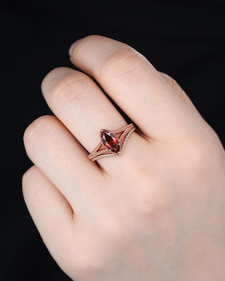 Spilt Shank Marquise Red Garnet Engagement Ring, Unique Curved Wedding Promise Ring, V Shape Milgrain Rose Gold Anniversary Ring for Woman - ShainJewelry