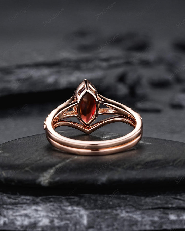 Spilt Shank Marquise Red Garnet Engagement Ring, Unique Curved Wedding Promise Ring, V Shape Milgrain Rose Gold Anniversary Ring for Woman - ShainJewelry