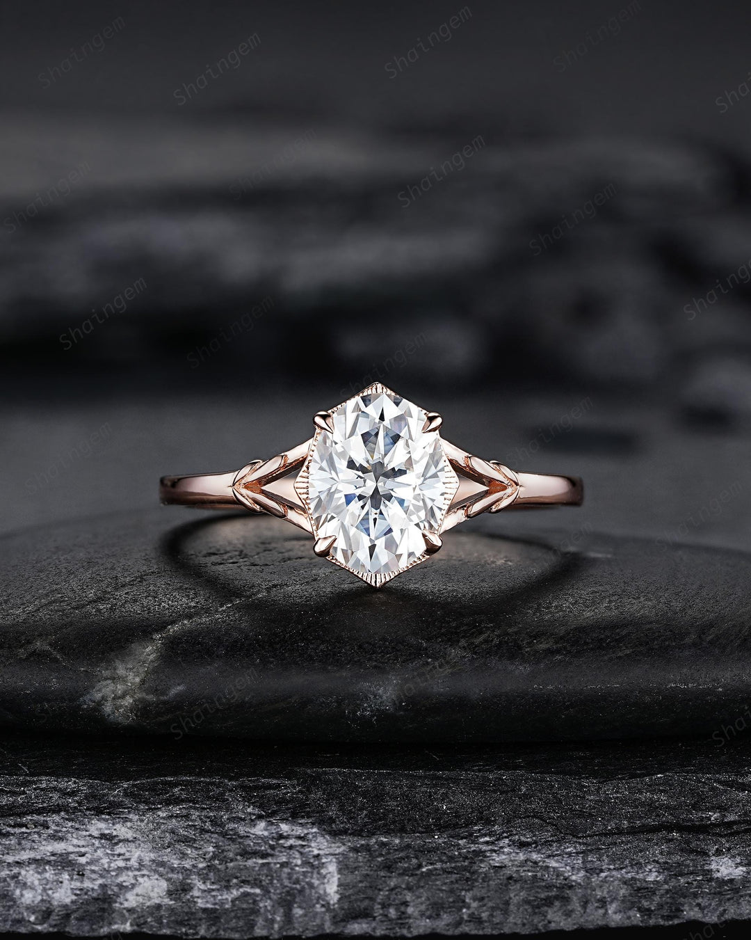 Oval Shape Moissanite Solitaire Engagement Ring Set, Open Gap Platinum Leaf Promise Ring Nature Inspired Rose Gold Wedding Ring for Women - ShainJewelry