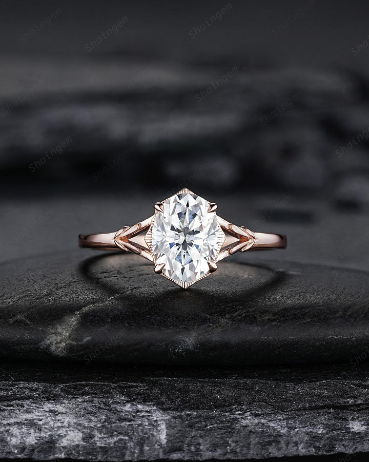 Oval Shape Moissanite Solitaire Engagement Ring Set, Open Gap Platinum Leaf Promise Ring Nature Inspired Rose Gold Wedding Ring for Women - ShainJewelry