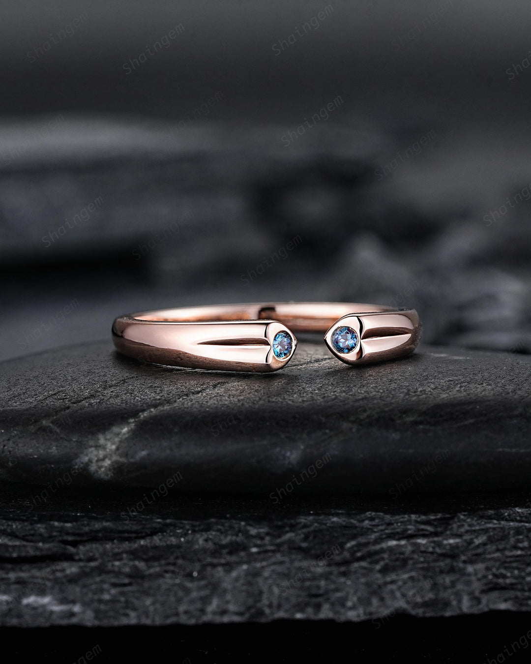 Open Gap Heart Shape Alexandrite Wedding Band, Rose Gold Engagement Band, Simple Matching Band Promise Engagement Posy ring Gift for Women - ShainJewelry