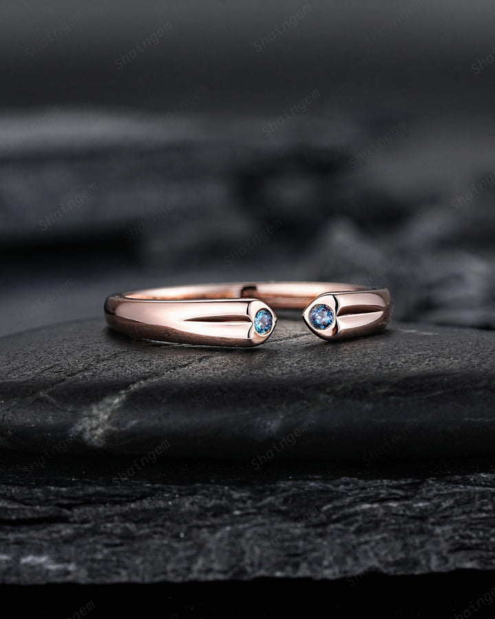 Open Gap Heart Shape Alexandrite Wedding Band, Rose Gold Engagement Band, Simple Matching Band Promise Engagement Posy ring Gift for Women - ShainJewelry