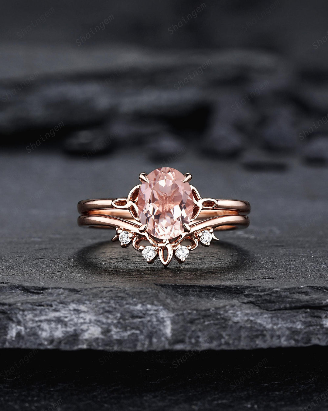 Celtic Knot Oval Shape Natural Peach Pink Morganite Engagement Ring Set, Vintage Rose Gold Wedding Promise Ring Anniversary Gift for Woman - ShainJewelry