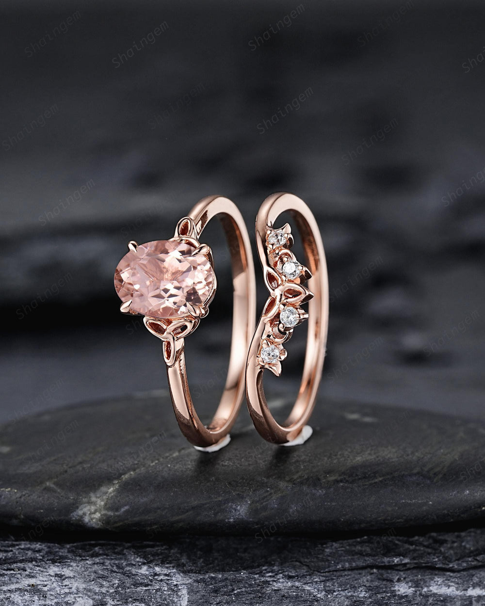 Celtic Knot Oval Shape Natural Peach Pink Morganite Engagement Ring Set, Vintage Rose Gold Wedding Promise Ring Anniversary Gift for Woman - ShainJewelry
