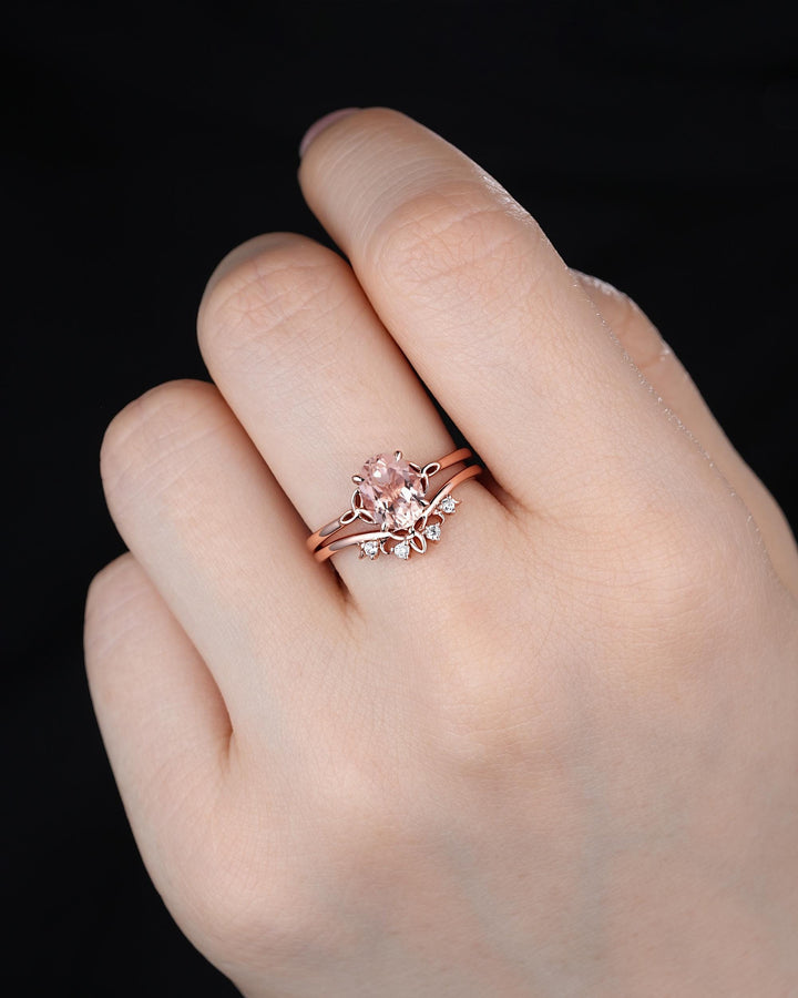 Celtic Knot Oval Shape Natural Peach Pink Morganite Engagement Ring Set, Vintage Rose Gold Wedding Promise Ring Anniversary Gift for Woman - ShainJewelry