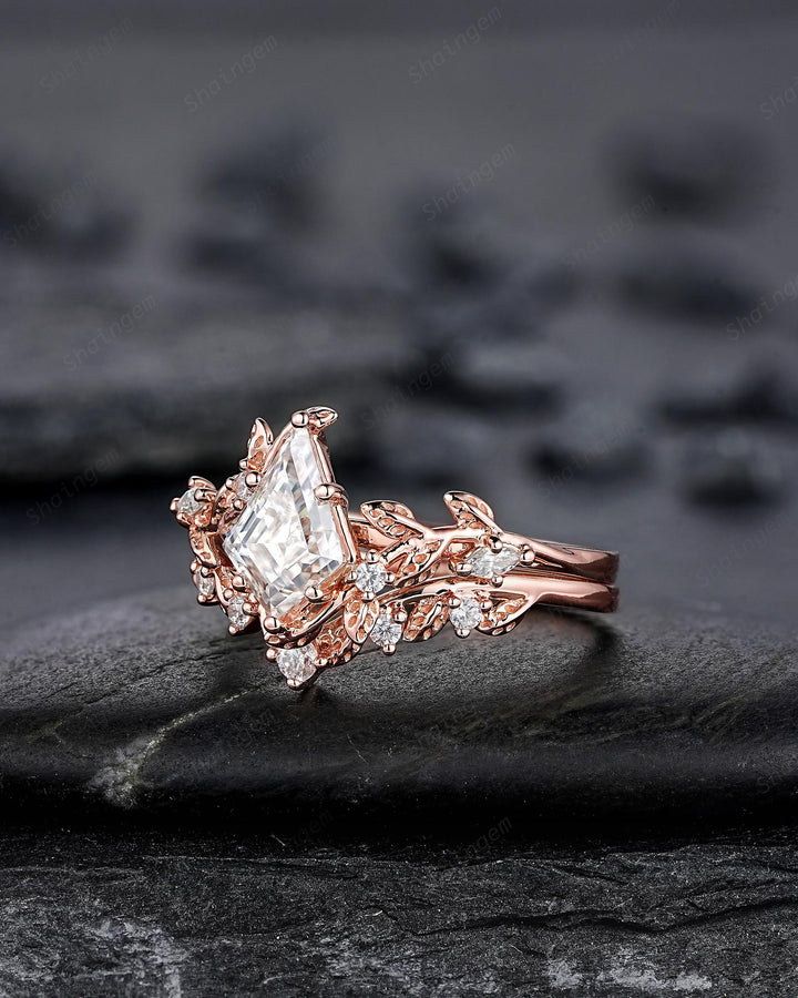Vintage Kite Cut Moissanite Leaf Engagement Ring Unique Rose Gold Twig Branch Vine Wedding Set Nature Inspired Promise Ring for Women her - ShainJewelry