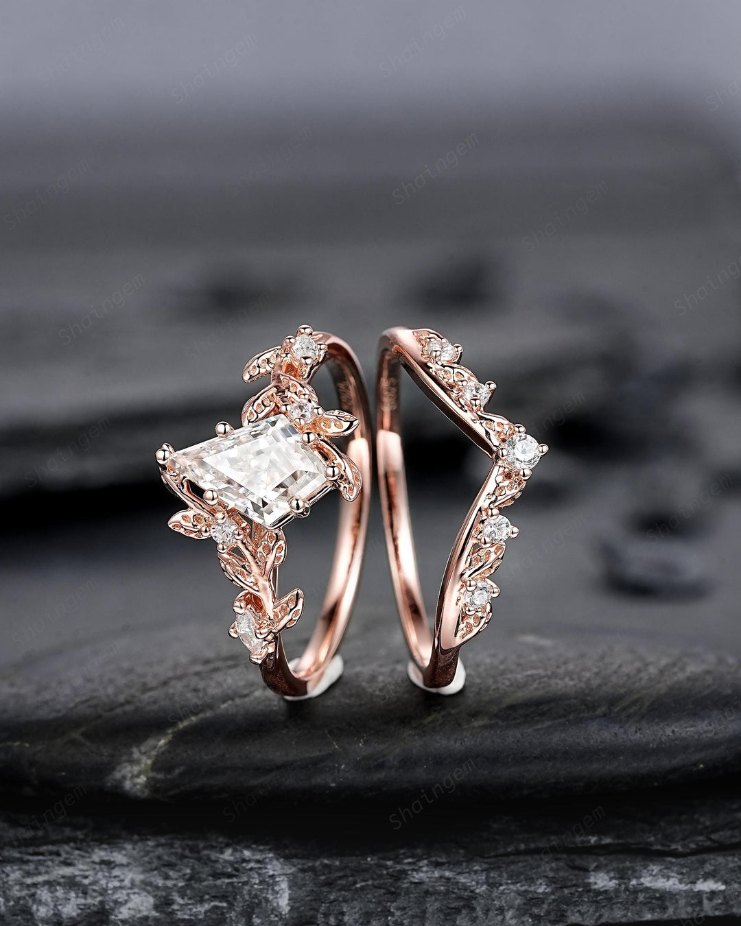 Vintage Kite Cut Moissanite Leaf Engagement Ring Unique Rose Gold Twig Branch Vine Wedding Set Nature Inspired Promise Ring for Women her - ShainJewelry