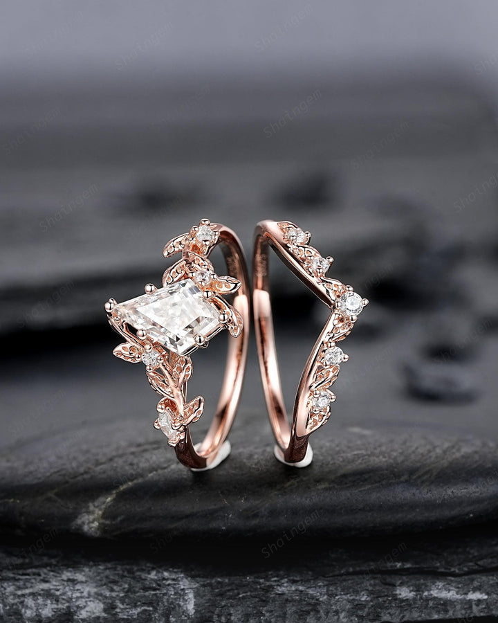 Vintage Kite Cut Moissanite Leaf Engagement Ring Unique Rose Gold Twig Branch Vine Wedding Set Nature Inspired Promise Ring for Women her - ShainJewelry