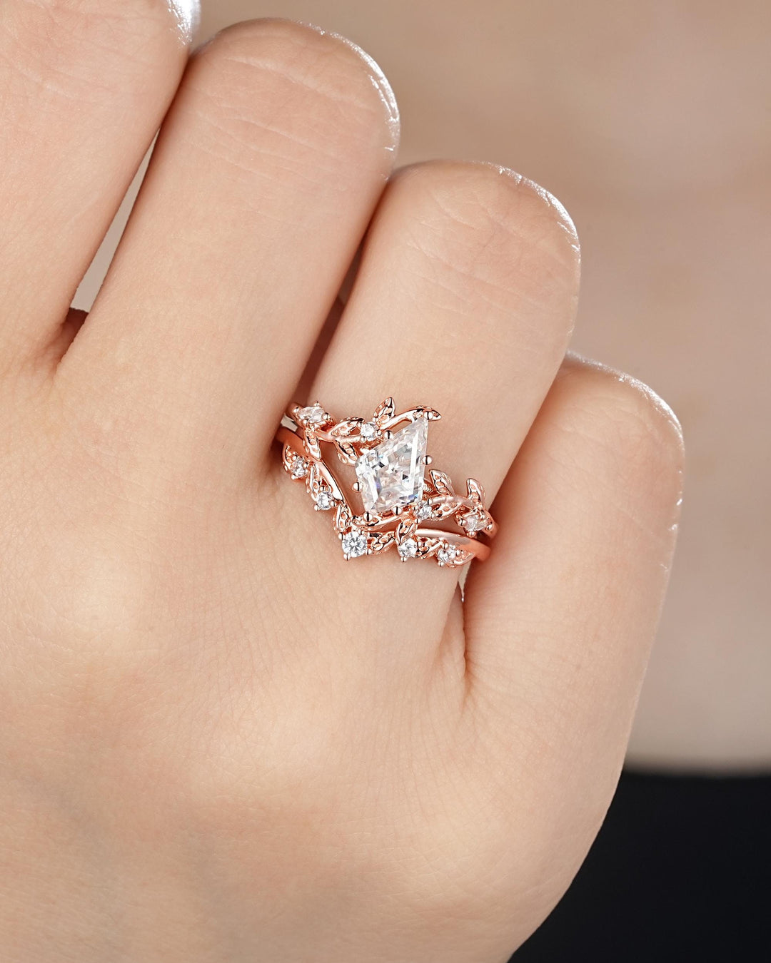 Vintage Kite Cut Moissanite Leaf Engagement Ring Unique Rose Gold Twig Branch Vine Wedding Set Nature Inspired Promise Ring for Women her - ShainJewelry