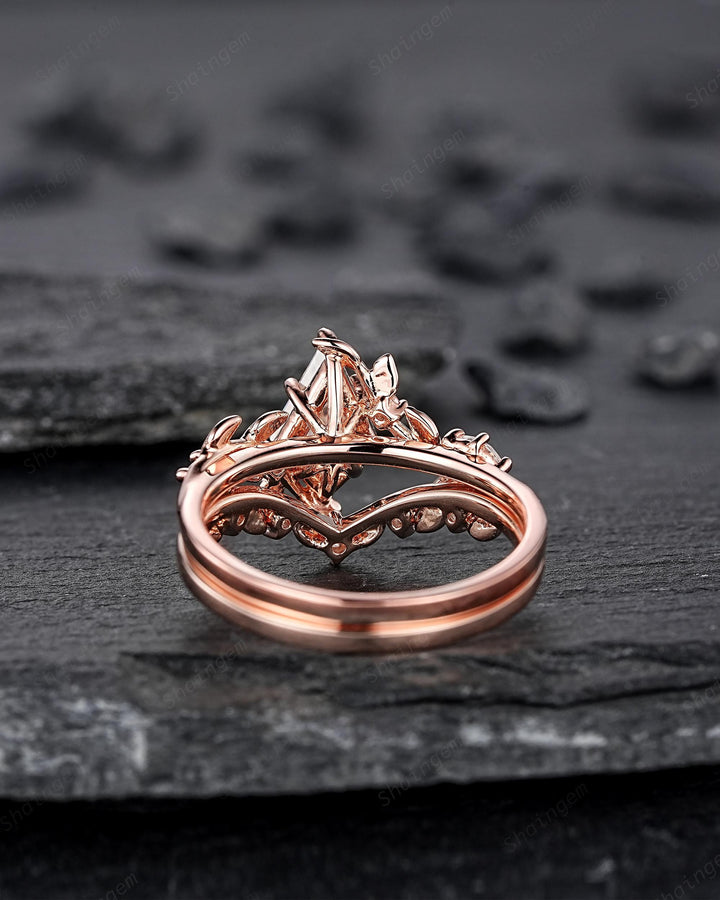 Vintage Kite Cut Moissanite Leaf Engagement Ring Unique Rose Gold Twig Branch Vine Wedding Set Nature Inspired Promise Ring for Women her - ShainJewelry