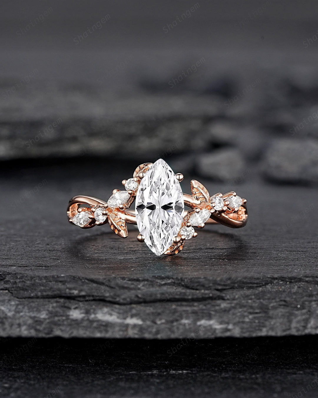 Unique Marquise Cut Moissanite Engagement Ring, Nature Inspired Leaf Diamond Wedding Ring Vintage Rose Gold Twig Promise Ring Gift for Women - ShainJewelry