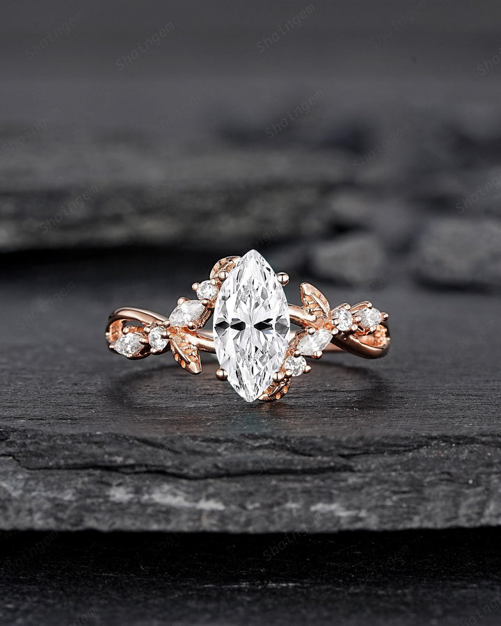 Unique Marquise Cut Moissanite Engagement Ring, Nature Inspired Leaf Diamond Wedding Ring Vintage Rose Gold Twig Promise Ring Gift for Women - ShainJewelry