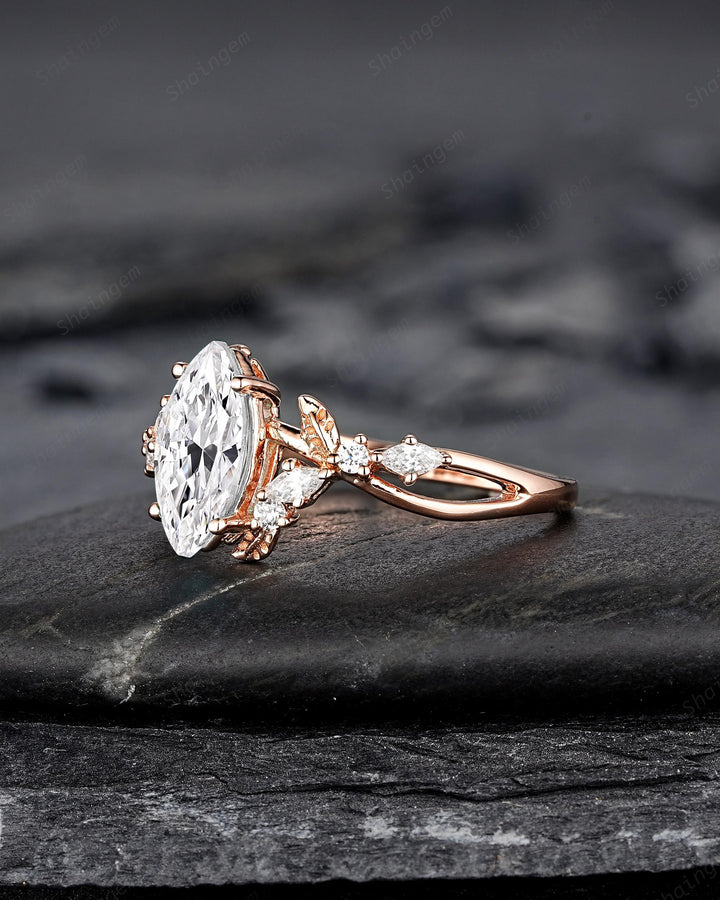 Unique Marquise Cut Moissanite Engagement Ring, Nature Inspired Leaf Diamond Wedding Ring Vintage Rose Gold Twig Promise Ring Gift for Women - ShainJewelry