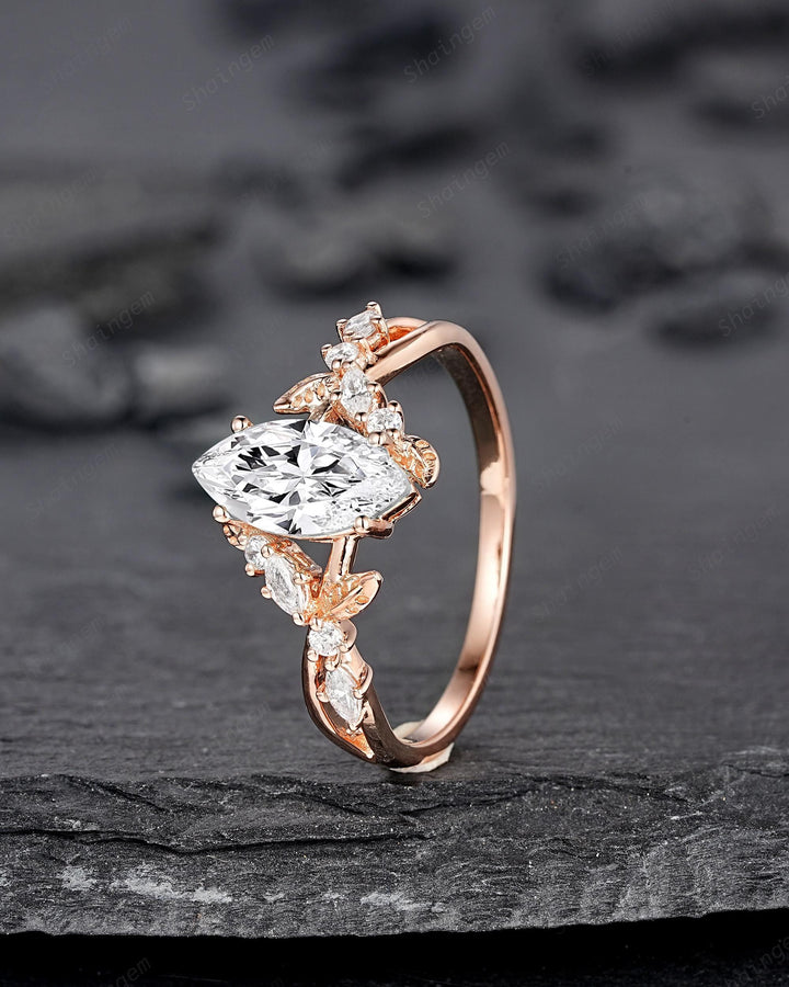 Unique Marquise Cut Moissanite Engagement Ring, Nature Inspired Leaf Diamond Wedding Ring Vintage Rose Gold Twig Promise Ring Gift for Women - ShainJewelry