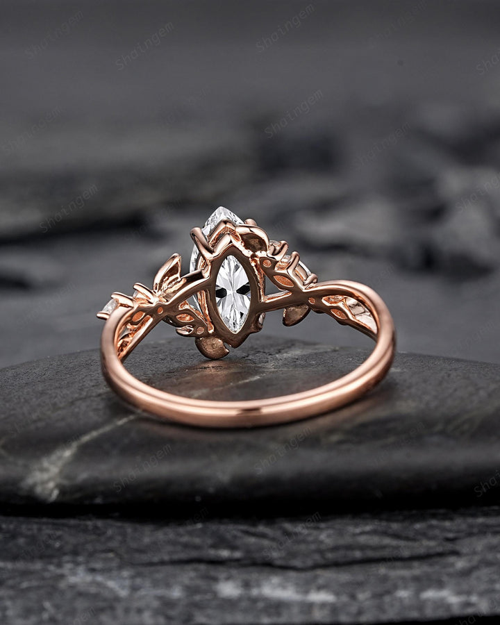 Unique Marquise Cut Moissanite Engagement Ring, Nature Inspired Leaf Diamond Wedding Ring Vintage Rose Gold Twig Promise Ring Gift for Women - ShainJewelry