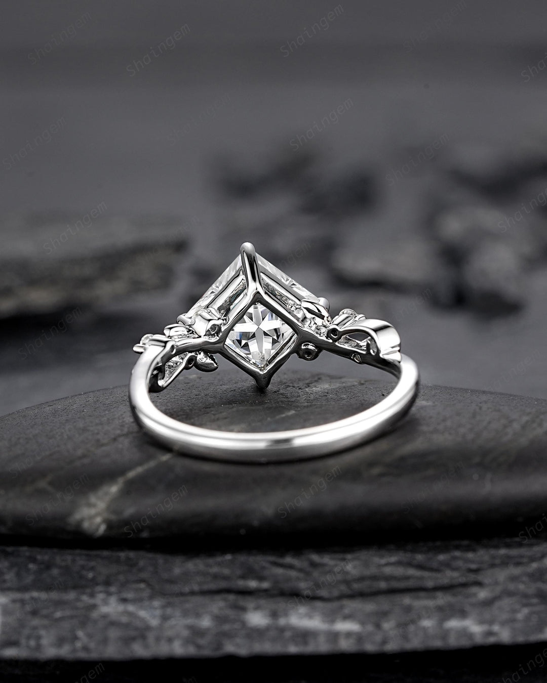 Platinum Princess Cut Colorless Moissanite Leaf Engagement Ring White Gold Wedding Promise Ring Nature Inspired Silver Bridal Ring for Woman - ShainJewelry