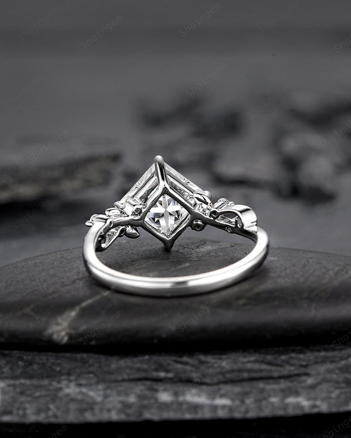 Platinum Princess Cut Colorless Moissanite Leaf Engagement Ring White Gold Wedding Promise Ring Nature Inspired Silver Bridal Ring for Woman - ShainJewelry