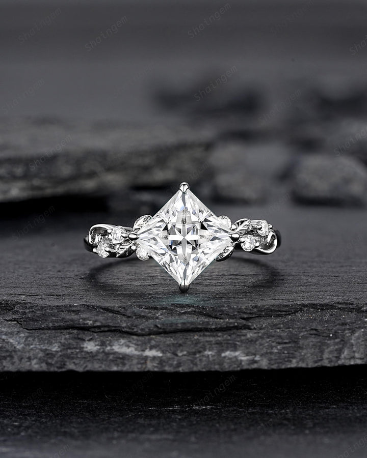 Platinum Princess Cut Colorless Moissanite Leaf Engagement Ring White Gold Wedding Promise Ring Nature Inspired Silver Bridal Ring for Woman - ShainJewelry