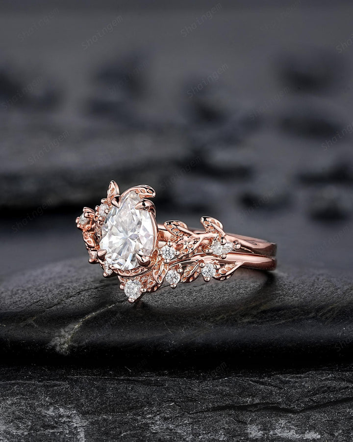 Vintage Pear Shape Moissanite Leaf Engagement Ring Unique Rose Gold Twig Branch Vine Wedding Set Nature Inspired Promise Ring for Women her - ShainJewelry