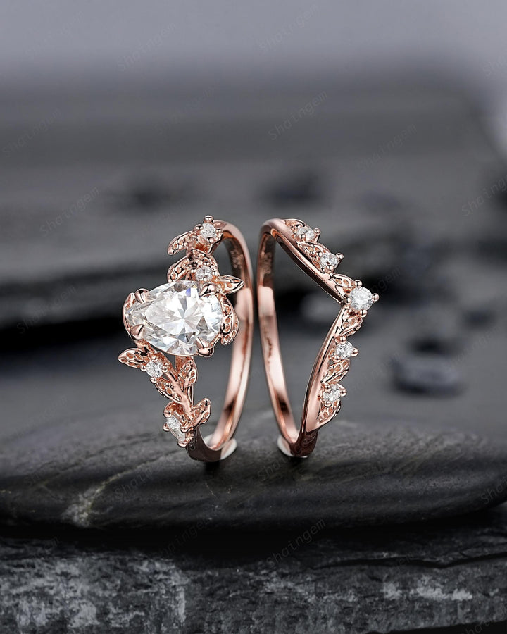 Vintage Pear Shape Moissanite Leaf Engagement Ring Unique Rose Gold Twig Branch Vine Wedding Set Nature Inspired Promise Ring for Women her - ShainJewelry