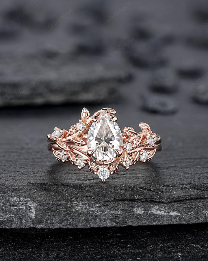 Vintage Pear Shape Moissanite Leaf Engagement Ring Unique Rose Gold Twig Branch Vine Wedding Set Nature Inspired Promise Ring for Women her - ShainJewelry