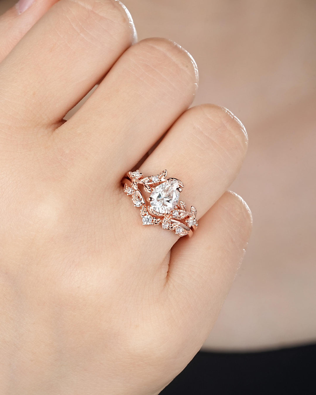 Vintage Pear Shape Moissanite Leaf Engagement Ring Unique Rose Gold Twig Branch Vine Wedding Set Nature Inspired Promise Ring for Women her - ShainJewelry