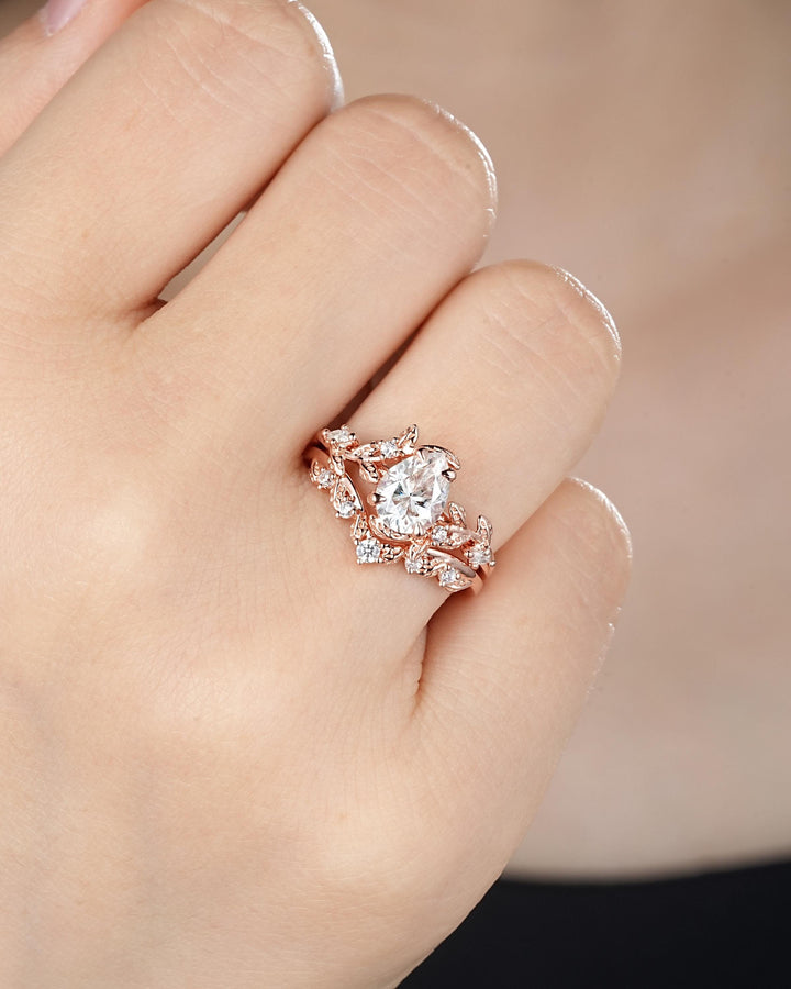 Vintage Pear Shape Moissanite Leaf Engagement Ring Unique Rose Gold Twig Branch Vine Wedding Set Nature Inspired Promise Ring for Women her - ShainJewelry