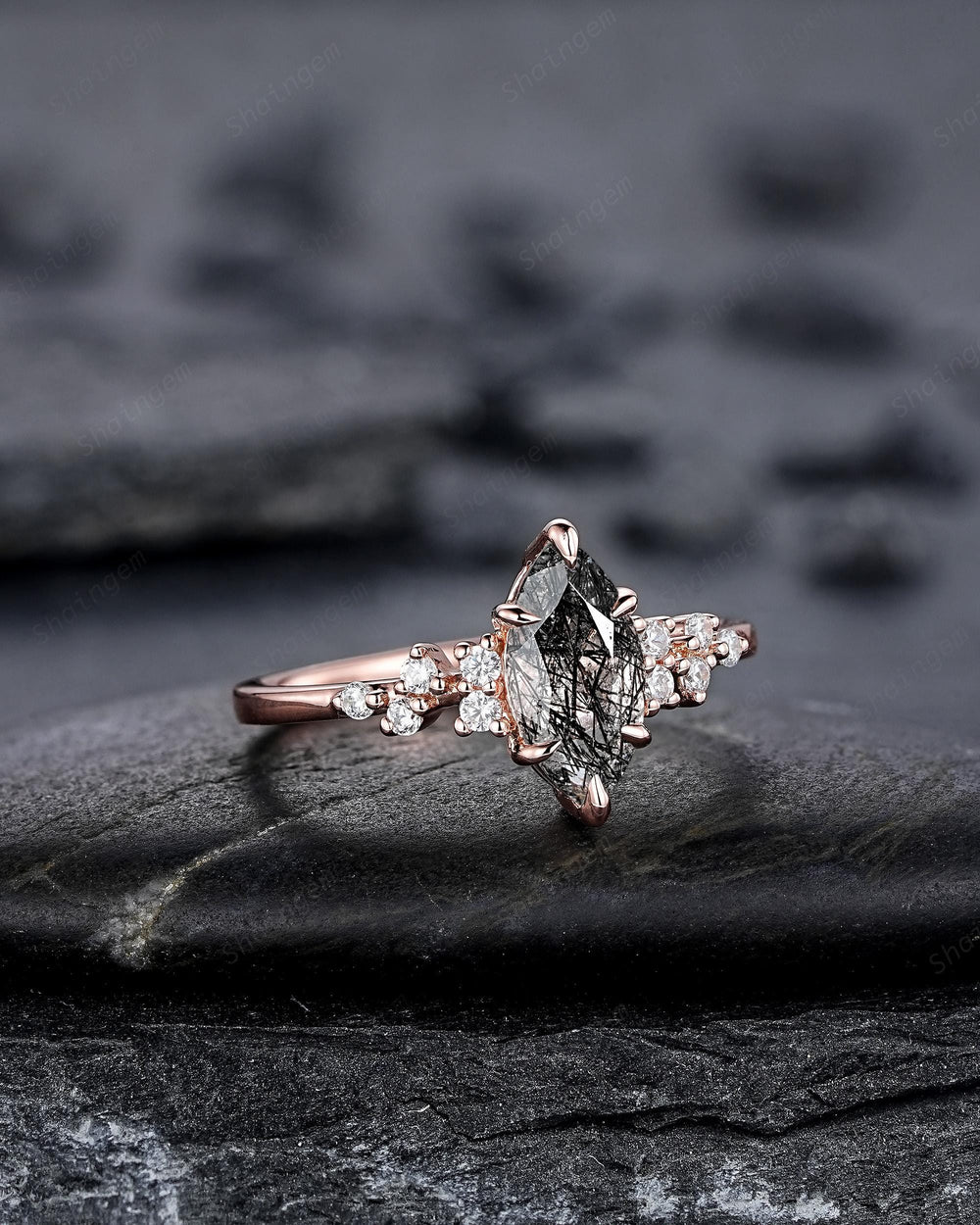 Vintage Marquise Cut Black Rutilated Quartz Cluster Diamond Engagement Ring, Unique Black Stone Rose Gold Promise Ring Gift for women her - ShainJewelry