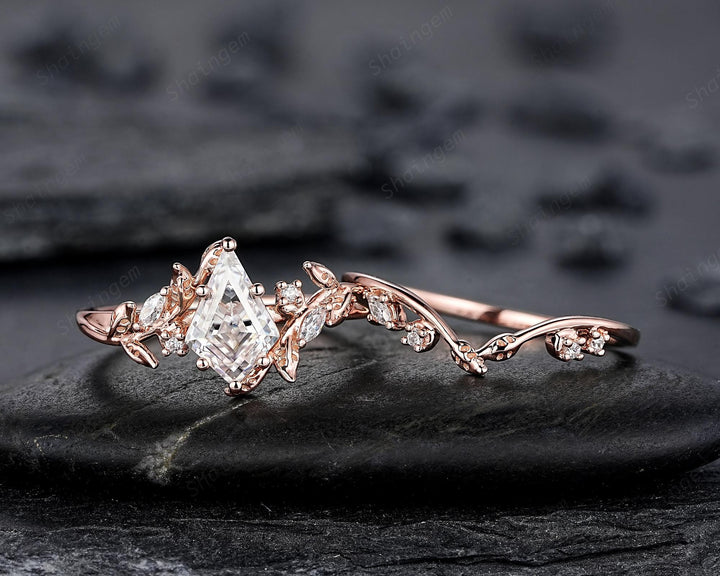 Nature Inspired Kite Cut Moissanite Leaf Engagement Ring, Unique 14K Rose Gold Twig Branch Vine Diamond Wedding Set Promise Ring for Women - ShainJewelry