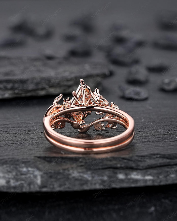 Nature Inspired Kite Cut Moissanite Leaf Engagement Ring, Unique 14K Rose Gold Twig Branch Vine Diamond Wedding Set Promise Ring for Women - ShainJewelry