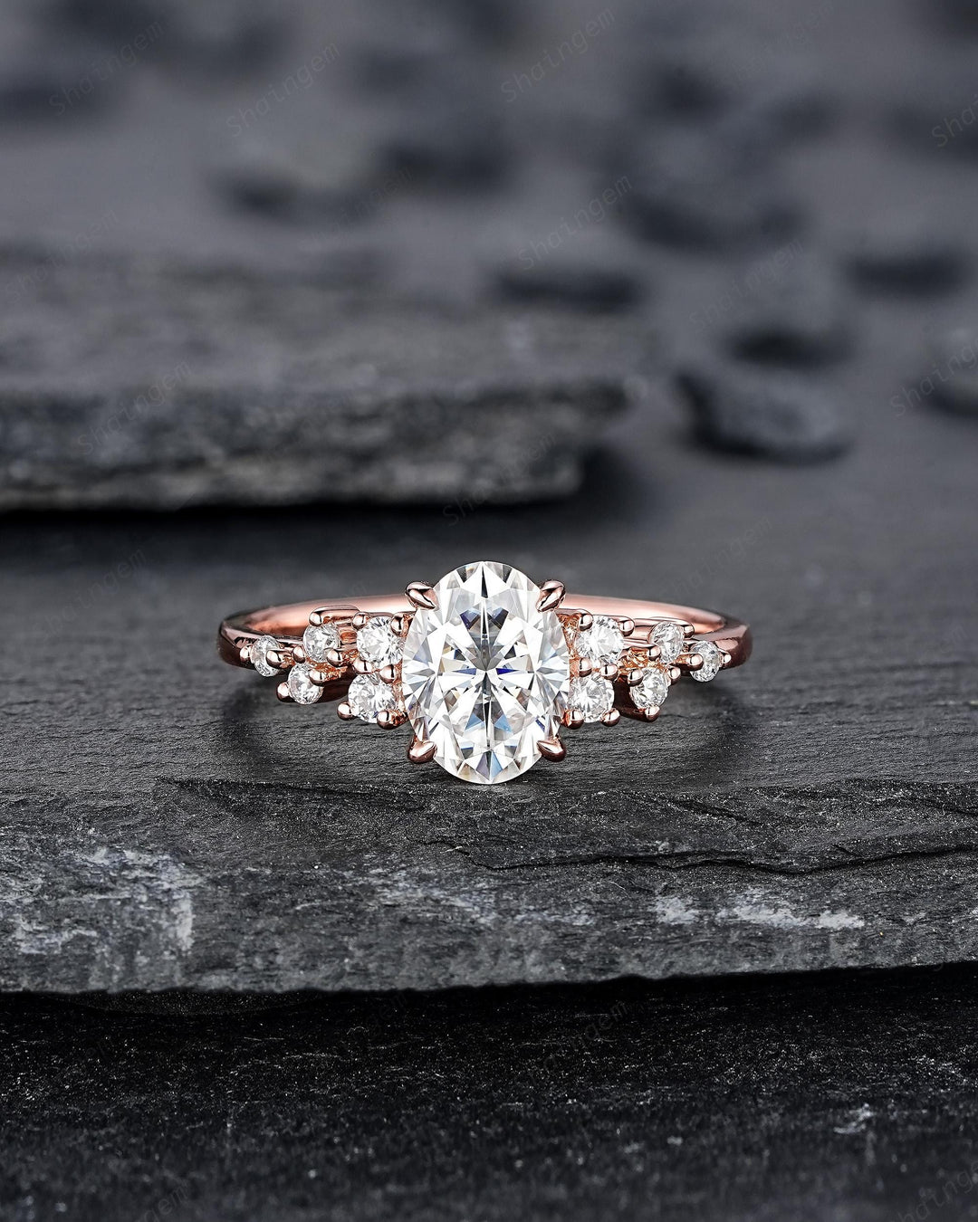 Vintage Oval Shape Colorless Moissanite Cluster Diamond Engagement Ring, Unique 14K Rose Gold Snowdrift Wedding Promise Ring Gift for Women - ShainJewelry
