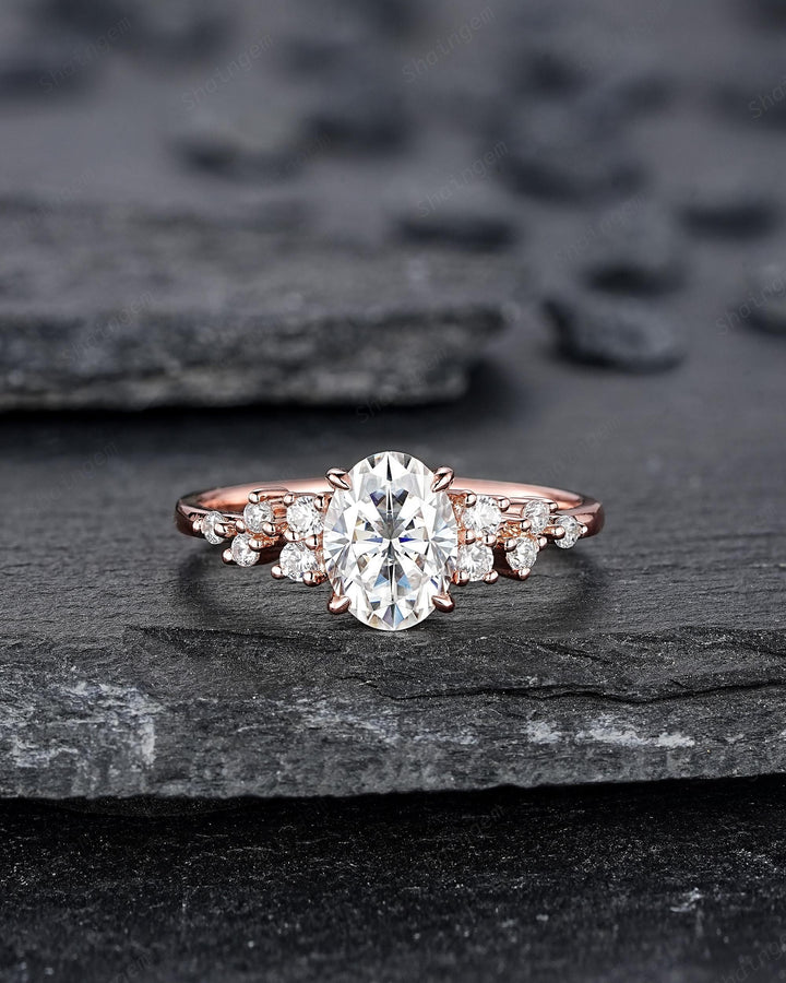 Vintage Oval Shape Colorless Moissanite Cluster Diamond Engagement Ring, Unique 14K Rose Gold Snowdrift Wedding Promise Ring Gift for Women - ShainJewelry