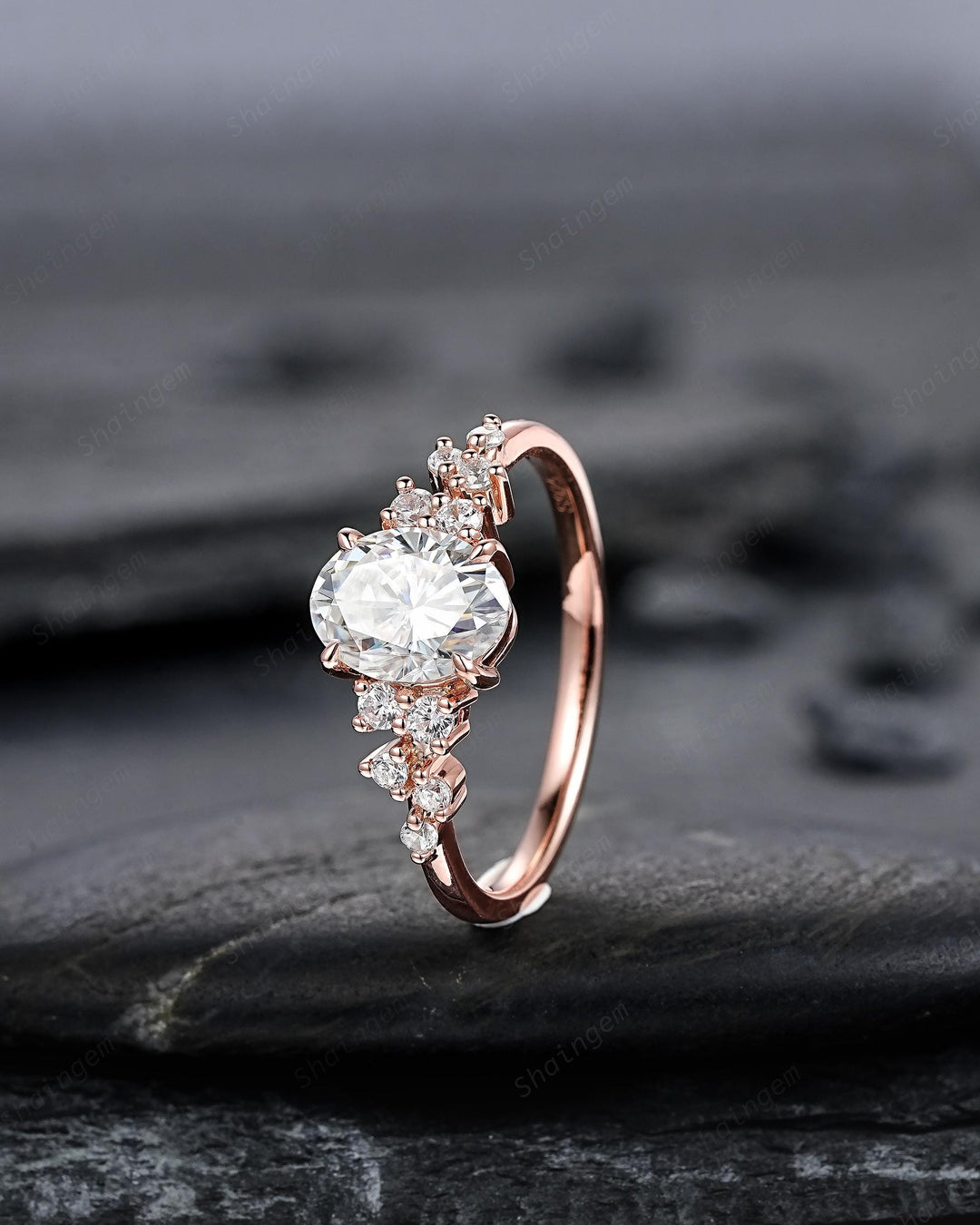 Vintage Oval Shape Colorless Moissanite Cluster Diamond Engagement Ring, Unique 14K Rose Gold Snowdrift Wedding Promise Ring Gift for Women - ShainJewelry