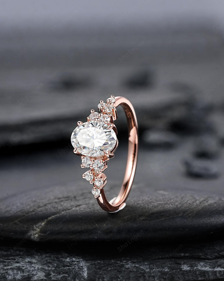 Vintage Oval Shape Colorless Moissanite Cluster Diamond Engagement Ring, Unique 14K Rose Gold Snowdrift Wedding Promise Ring Gift for Women - ShainJewelry