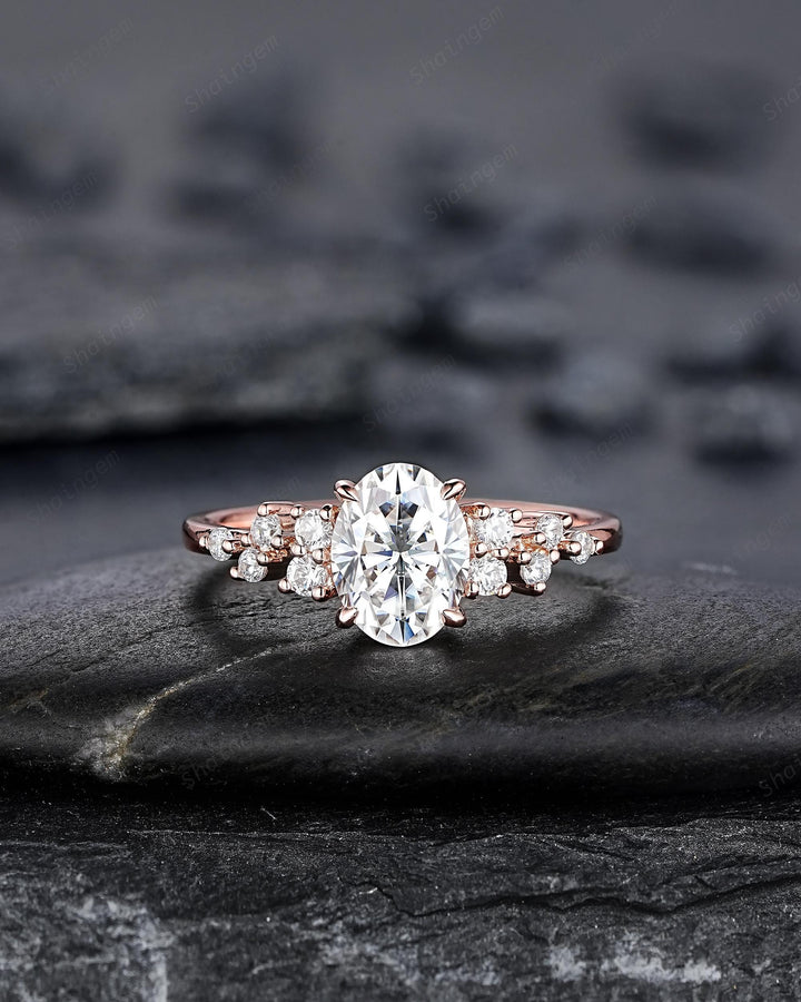 Vintage Oval Shape Colorless Moissanite Cluster Diamond Engagement Ring, Unique 14K Rose Gold Snowdrift Wedding Promise Ring Gift for Women - ShainJewelry