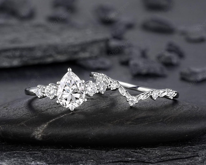 Platinum Pear Shape Moissanite Engagement Ring Unique White Gold Five Stones Wedding Set Nature Inspired Leaf Promise Ring for Women her - ShainJewelry